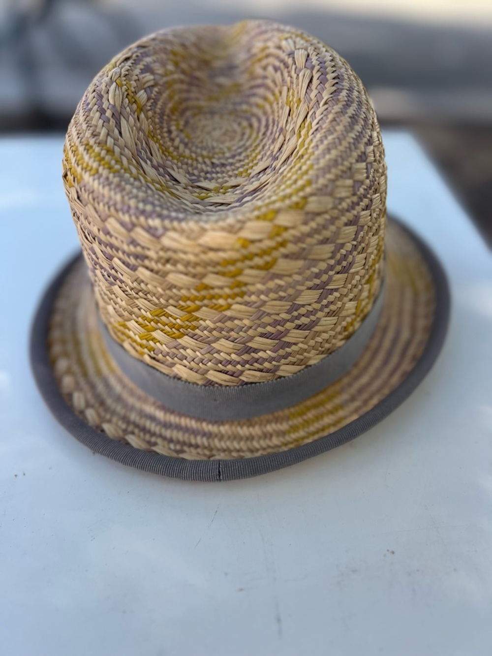 Straw Fedora Hat in Natural and Yellow with Gray Trim